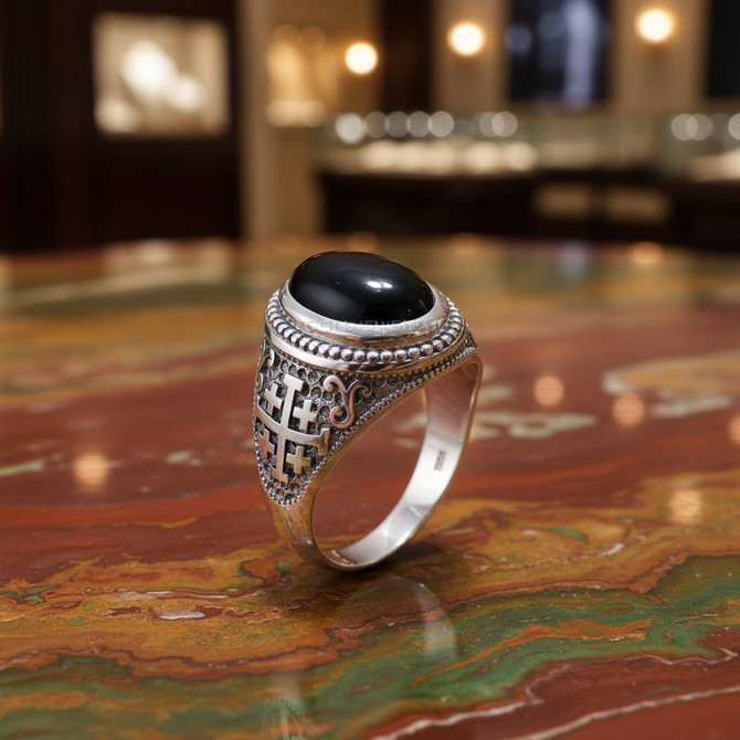 Sterling Silver Jerusalem Cross Black Onyx Statement Ring