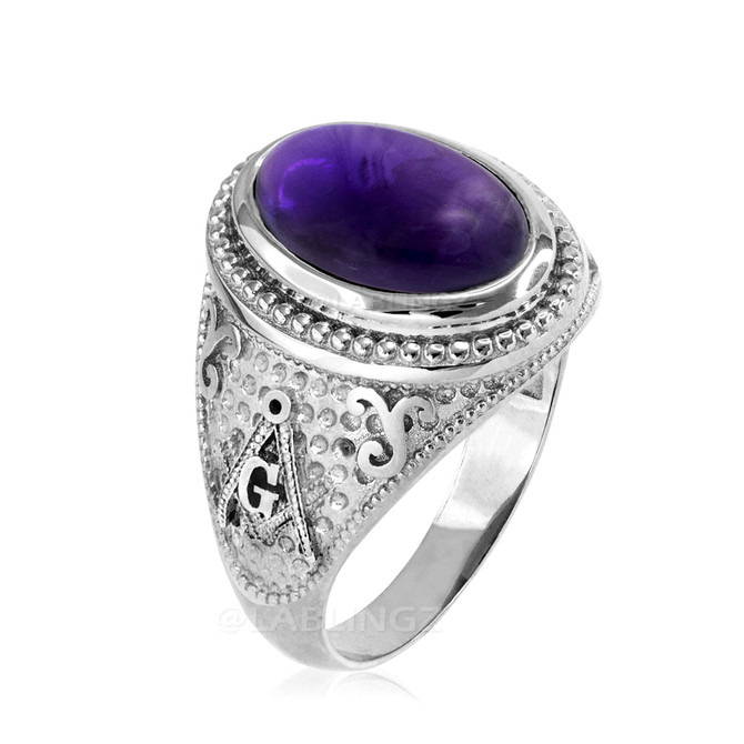 Sterling Silver Masonic Ring with Purple Amethyst Cabochon