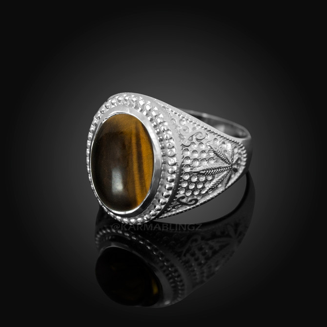 Sterling Silver Marijuana Weed  Tiger Eye Statement Ring