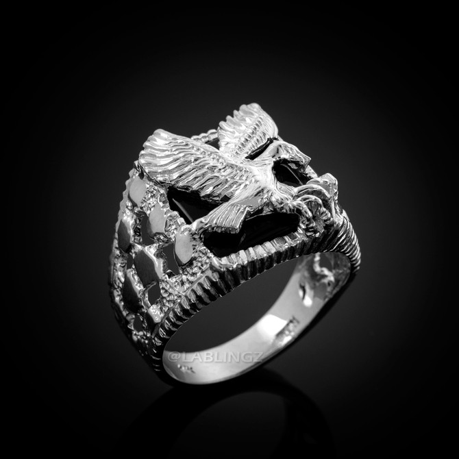 Sterling Silver American Eagle Black Onyx Mens Open Nugget Ring