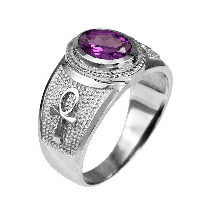 Sterling Silver Egyptian Ankh Cross Birthstone CZ Unisex Ring