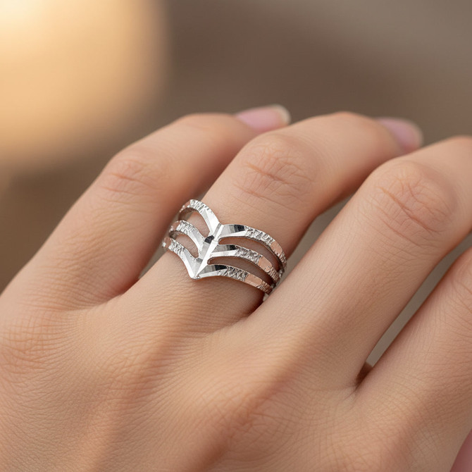 Triple Chevron Sterling Silver Nugget Ladies Ring