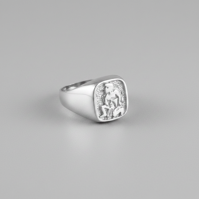 Sterling Silver Zodiac Sign Mens Square Signet Ring