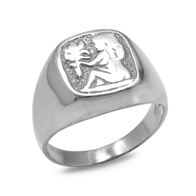 Sterling Silver Zodiac Sign Mens Square Signet Ring