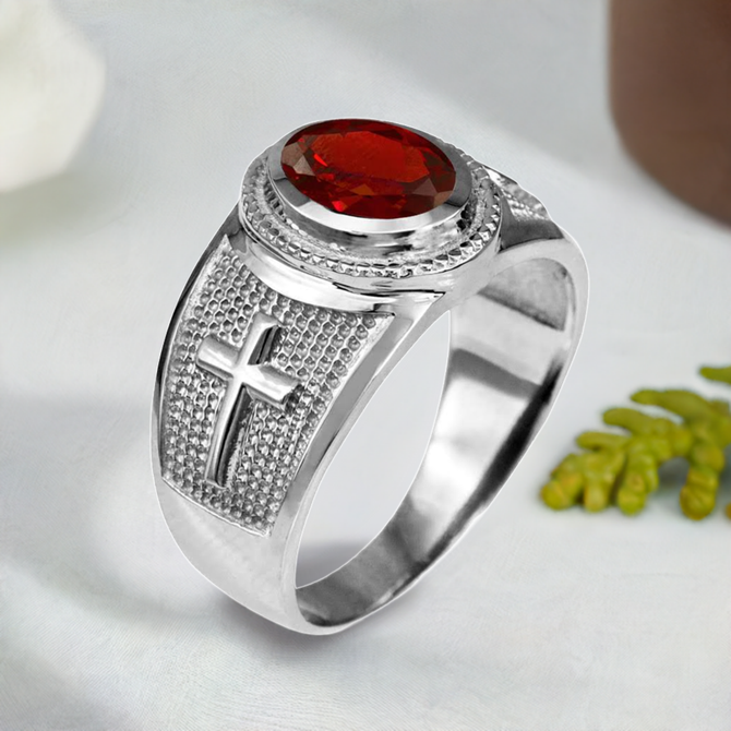 Sterling Silver Christian Cross Birthstone CZ Ring