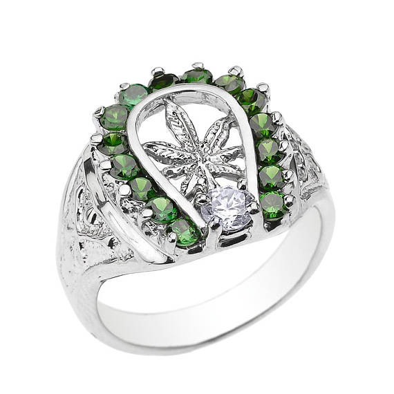 Silver Marijuana Leaf Green CZ Mens Lucky Horseshoe Ring