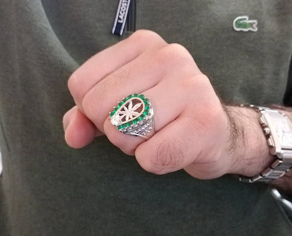 Silver Marijuana Leaf Green CZ Mens Lucky Horseshoe Ring