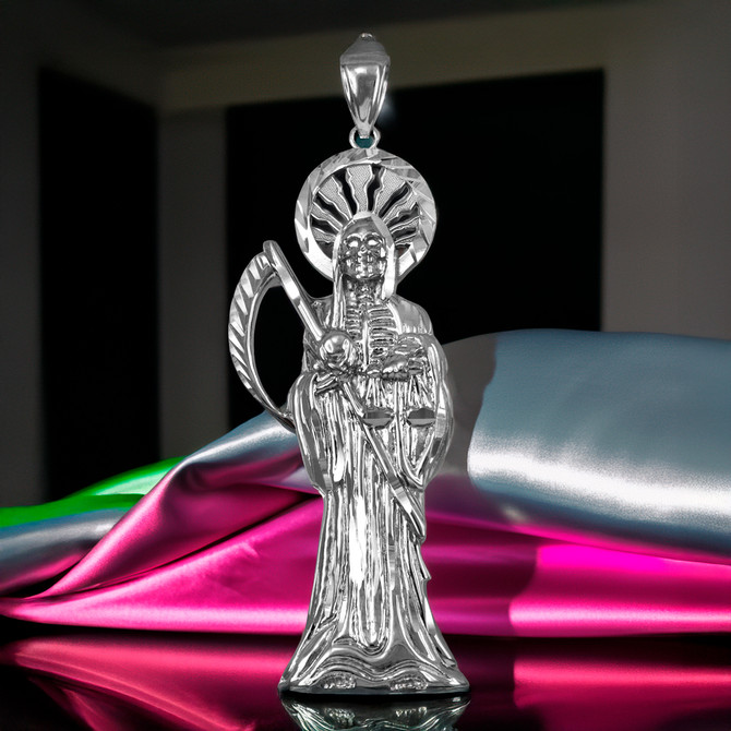 Sterling Silver Santa Muerte Diamond Cut Pendant