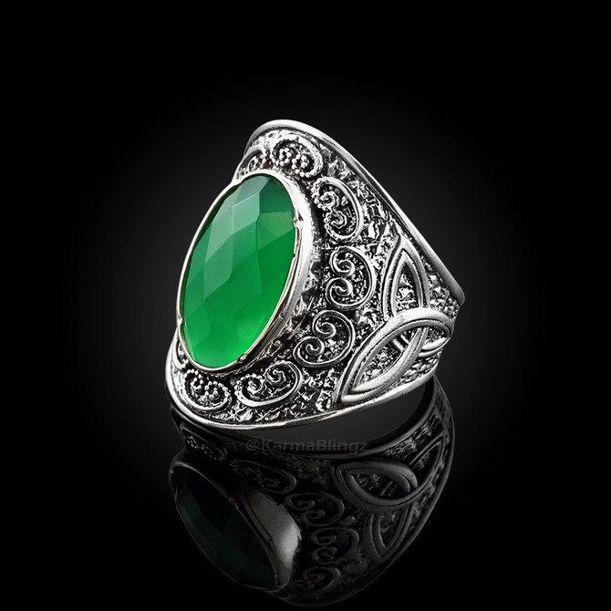 Sterling Silver Green Agate Celtic Trinity Knot Ring