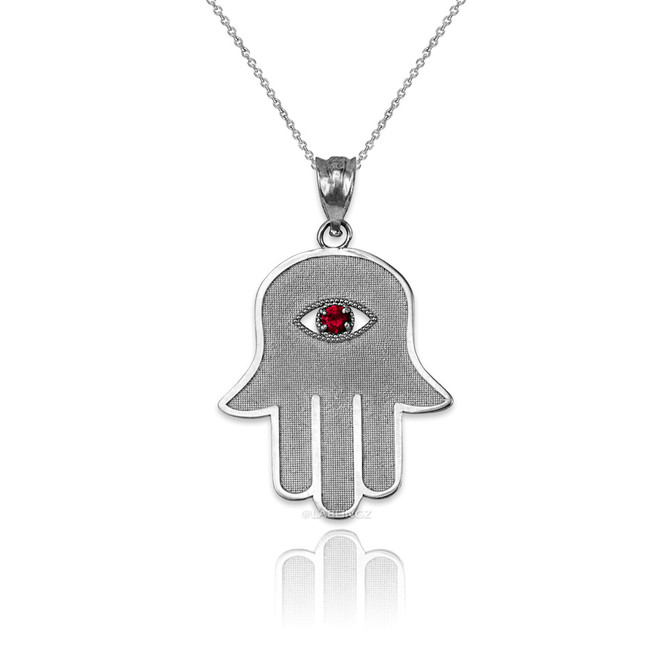 Sterling Silver Hamsa Red CZ Evil Eye Pendant Necklace