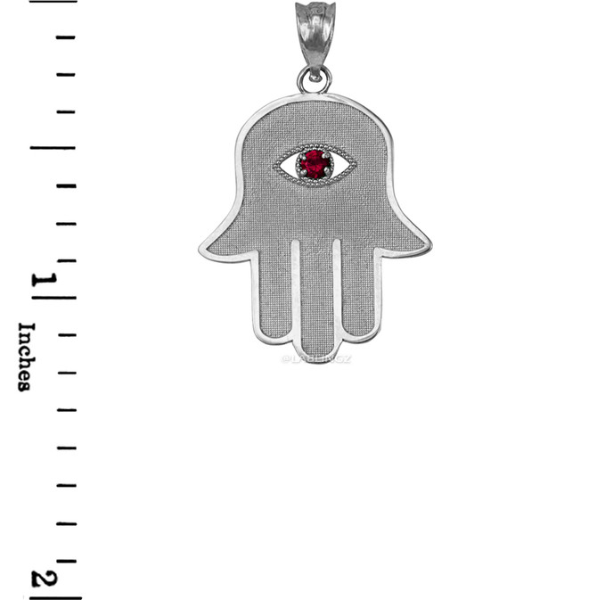 Sterling Silver Hamsa Red CZ Evil Eye Pendant Necklace