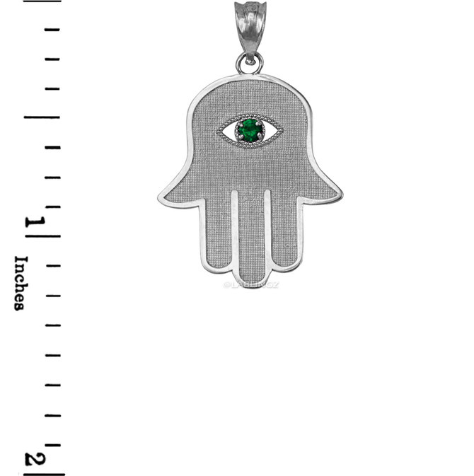 Sterling SIlver Hamsa Green CZ Evil Eye Pendant Necklace