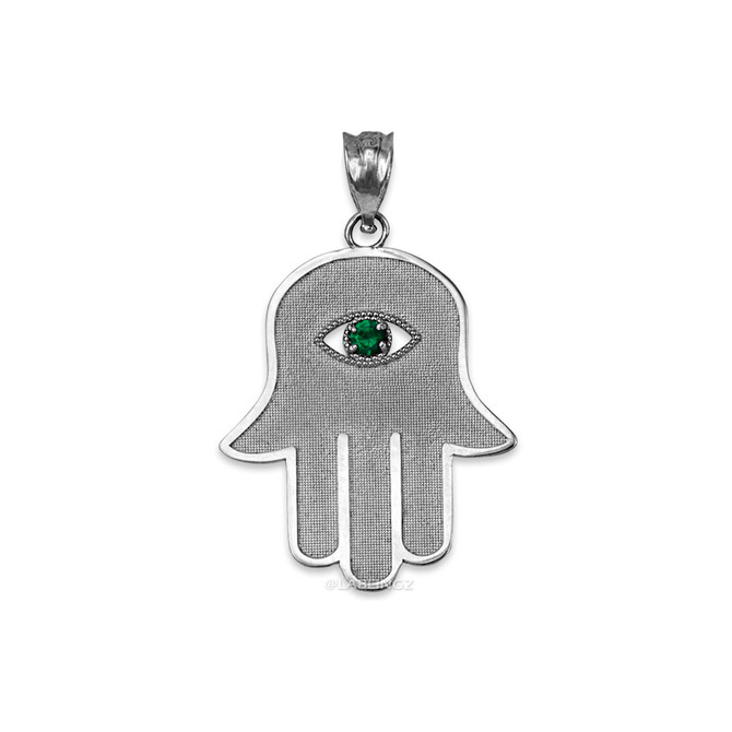 Sterling SIlver Hamsa Green CZ Evil Eye Pendant Necklace