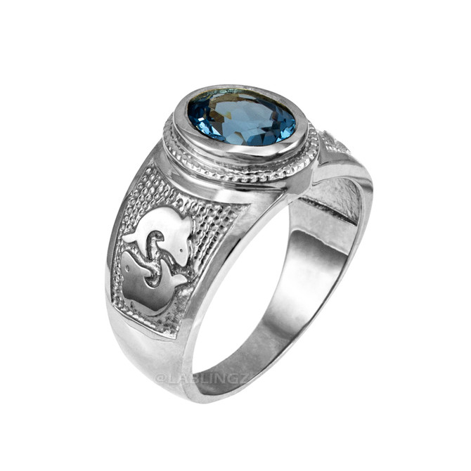Sterling Silver Pisces Zodiac Sign March Birthstone Aqua CZ Ring