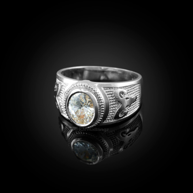 Sterling Silver Aries Zodiac Sign April Birthstone Clear CZ Ring