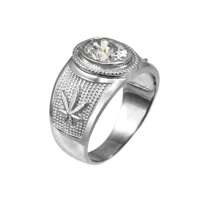 Sterling Silver Marijuana Leaf CZ Birthstone Ring