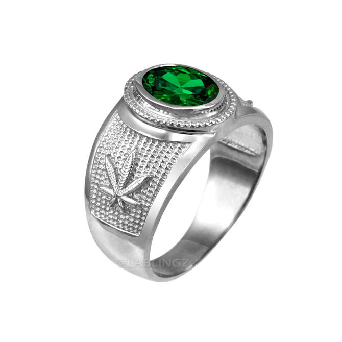 Sterling Silver Marijuana Leaf CZ Birthstone Ring