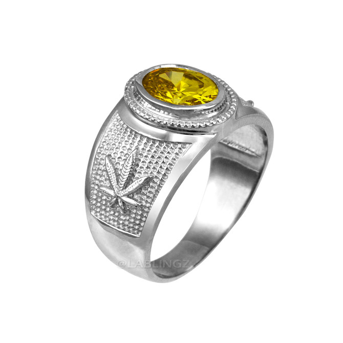 Sterling Silver Marijuana Leaf CZ Birthstone Ring