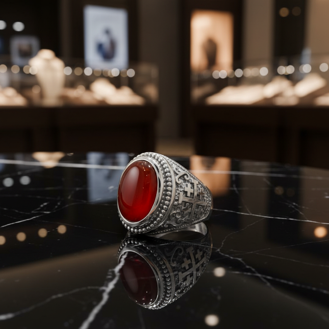 Sterling Silver Jerusalem Cross Red Onyx Gemstone Statement Ring