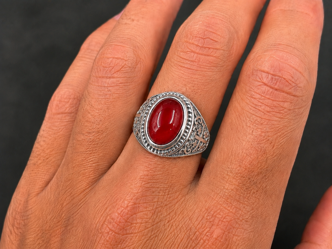 Sterling Silver Jerusalem Cross Red Onyx Gemstone Statement Ring