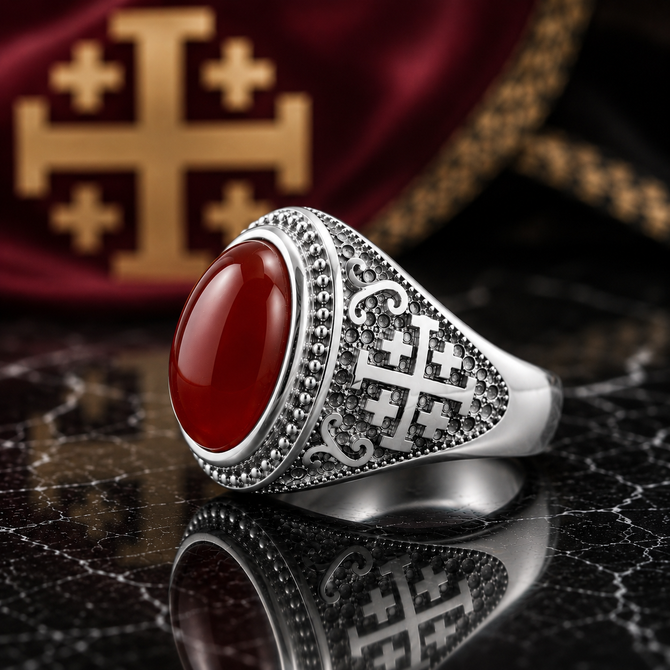 Sterling Silver Jerusalem Cross Red Onyx Gemstone Statement Ring