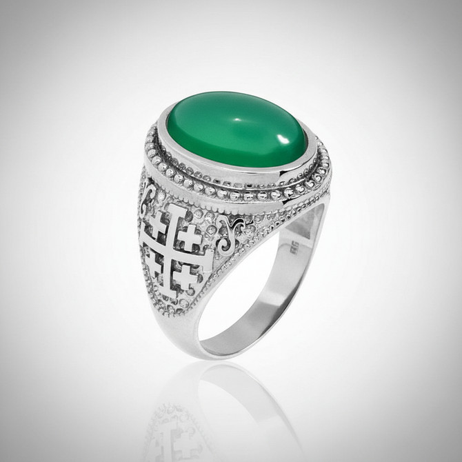 Sterling Silver Jerusalem Cross Green Onyx Gemstone Statement Ring