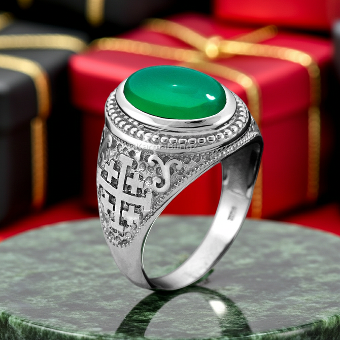 Sterling Silver Jerusalem Cross Green Onyx Gemstone Statement Ring