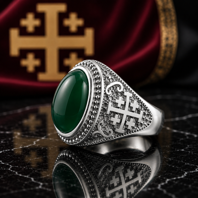 Sterling Silver Jerusalem Cross Green Onyx Gemstone Statement Ring