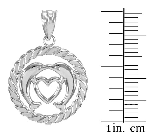 Sterling Silver Heart Kissing Dolphins Round Rope Pendant Necklace