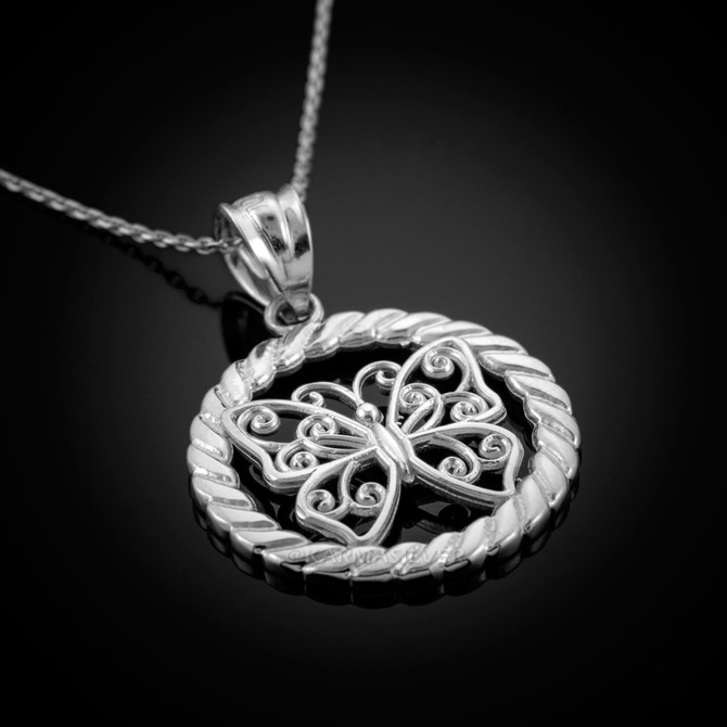 Sterling Silver Filigree Butterfly Round Rope Pendant Necklace