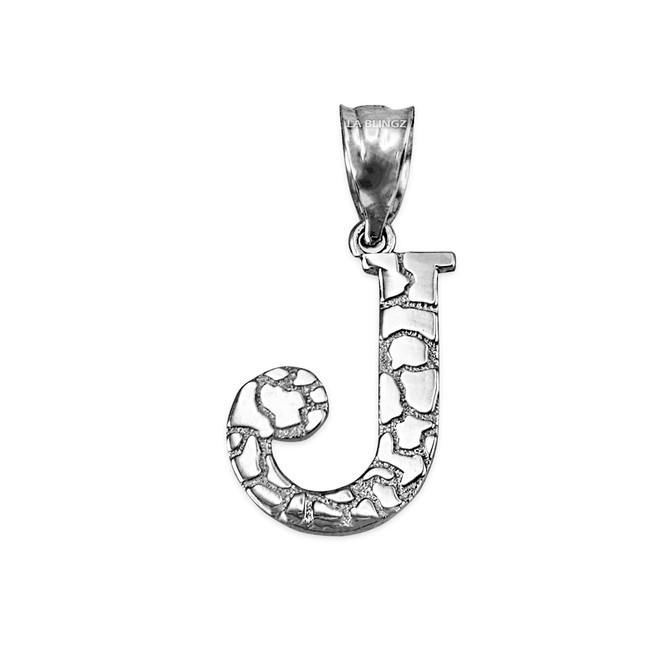 Sterling Silver Nugget Initial Letter "J" Pendant Necklace
