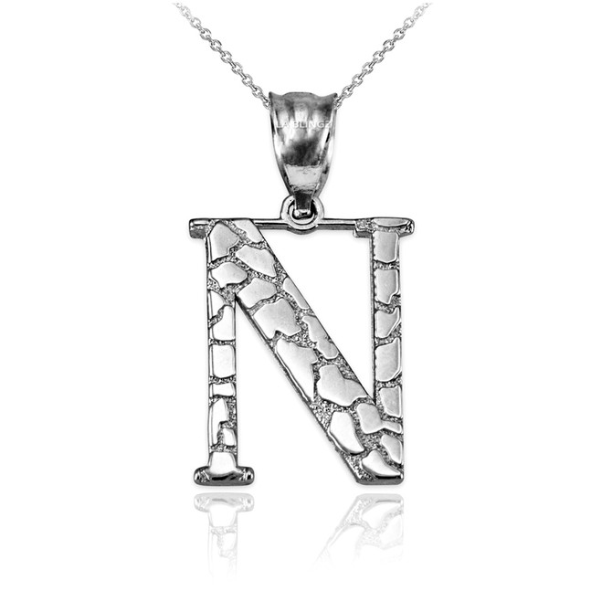 Sterling Silver Nugget Initial Letter "N" Pendant Necklace