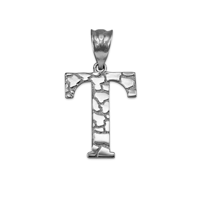 Sterling Silver Nugget Initial Letter "T" Pendant Necklace