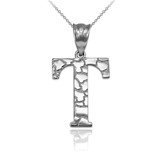 Sterling Silver Nugget Initial Letter "T" Pendant Necklace