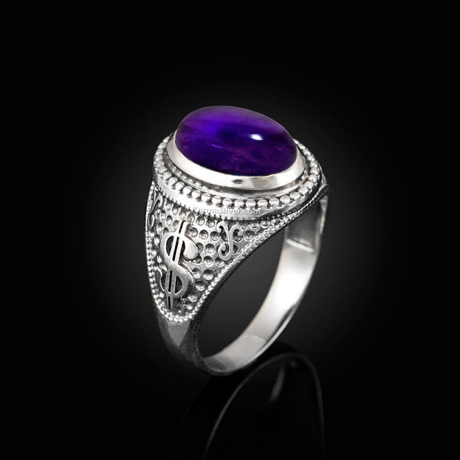 Sterling Silver Cash Money Dollar Sign Purple Amethyst Statement Ring