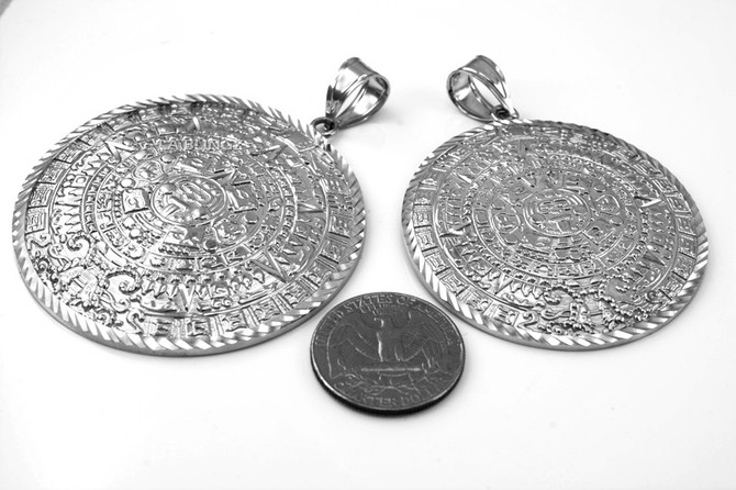 Sterling Silver Aztec Mayan Sun Calendar Extra Large Pendant (XL/XXL)