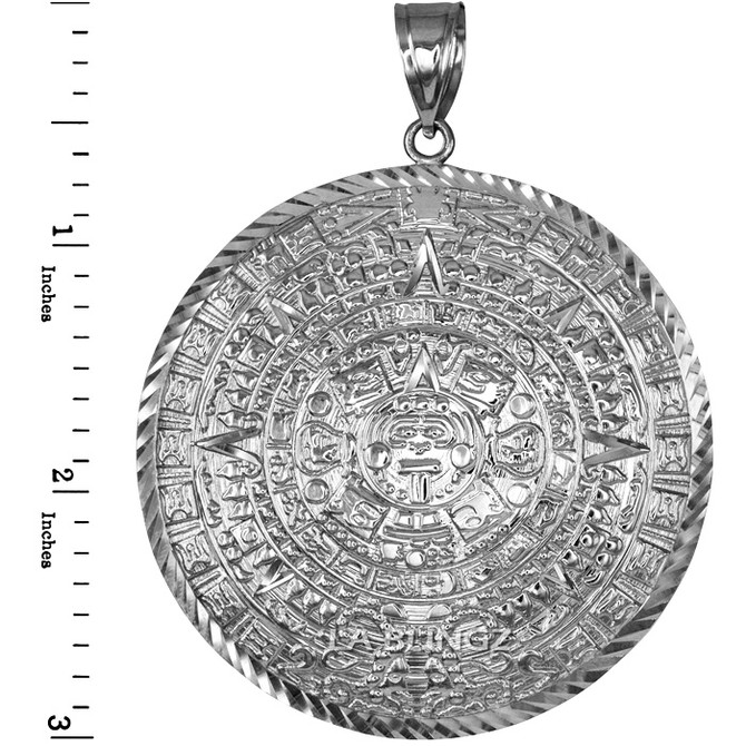 Sterling Silver Aztec Mayan Sun Calendar Extra Large Pendant (XL/XXL)