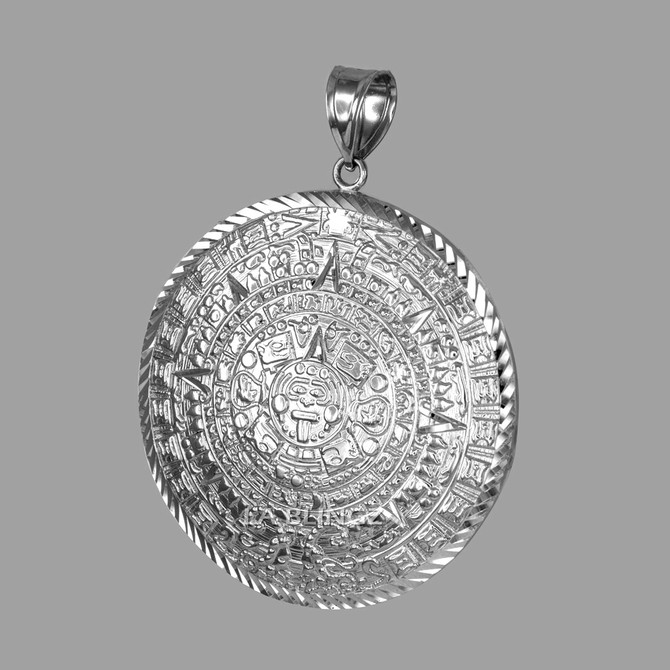 Sterling Silver Aztec Mayan Sun Calendar Extra Large Pendant (XL/XXL)