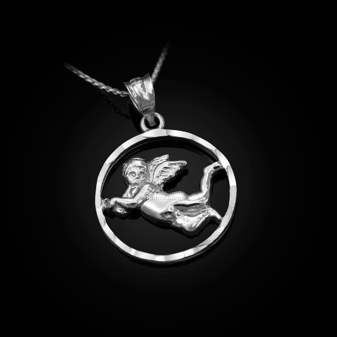 Sterling Silver Flying Angel Round DC Pendant Necklace