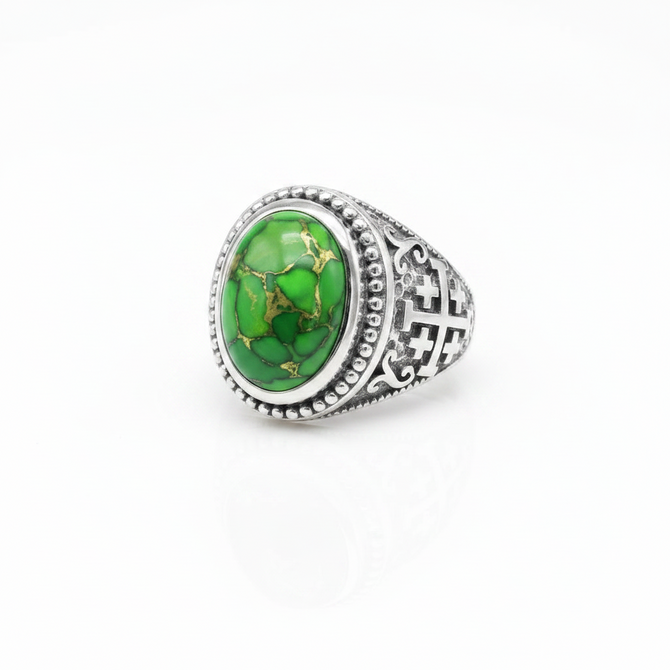 Sterling Silver Jerusalem Cross Green Copper Turquoise Ring