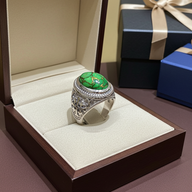 Sterling Silver Jerusalem Cross Green Copper Turquoise Ring