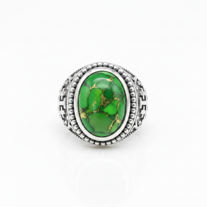 Sterling Silver Jerusalem Cross Green Copper Turquoise Ring