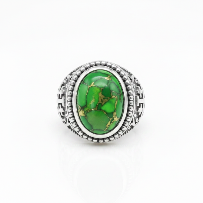 Sterling Silver Jerusalem Cross Green Copper Turquoise Ring