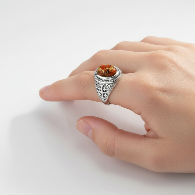 Sterling Silver Jerusalem Cross Orange Copper Turquoise Ring