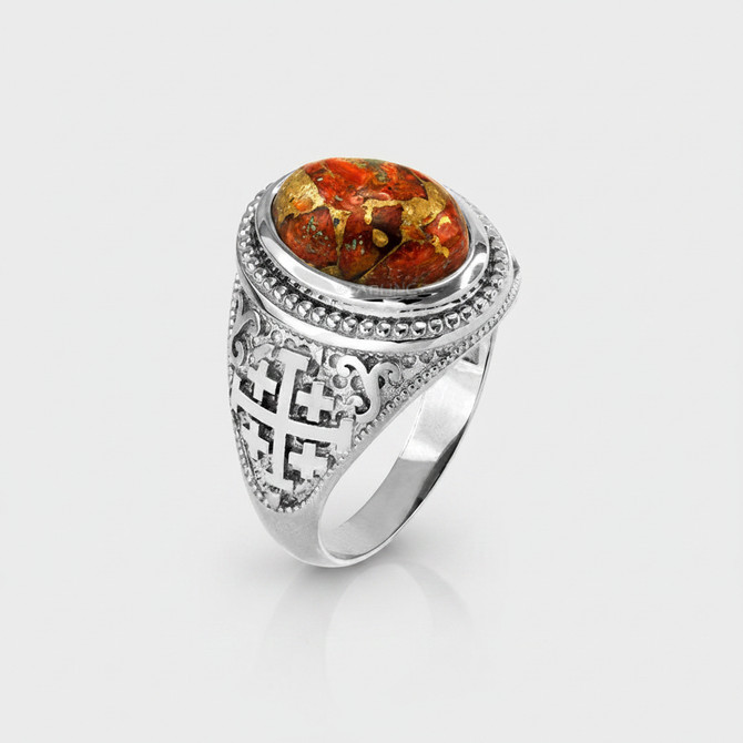 Sterling Silver Jerusalem Cross Orange Copper Turquoise Ring