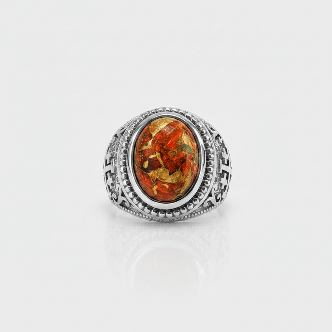 Sterling Silver Jerusalem Cross Orange Copper Turquoise Ring