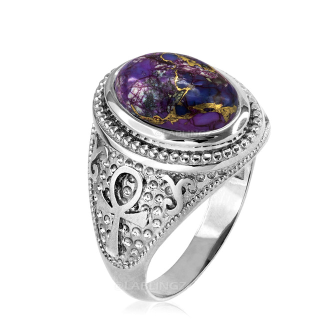 Sterling Silver Egyptian Ankh Cross Purple Copper Turquoise Ring