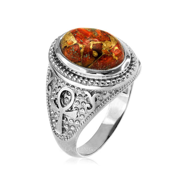Sterling Silver Egyptian Ankh Orange Copper Turquoise Ring