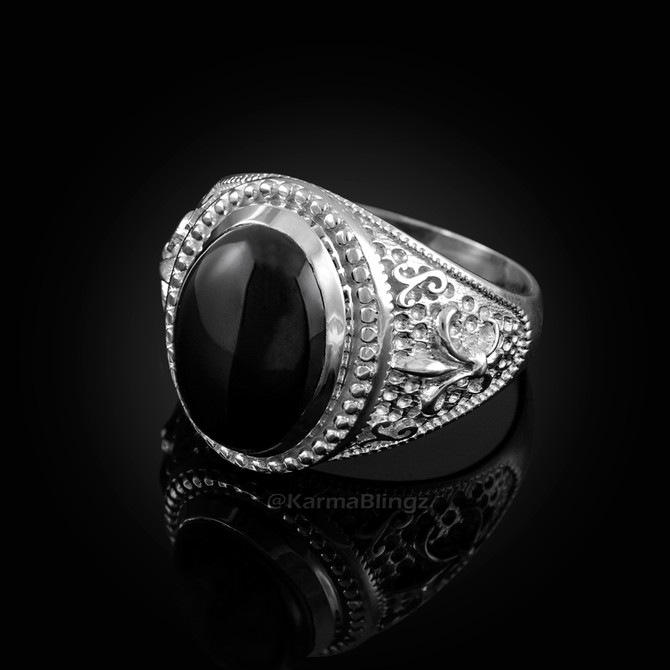 Sterling Silver Black Onyx Fleur-De-Lis Gemstone Ring
