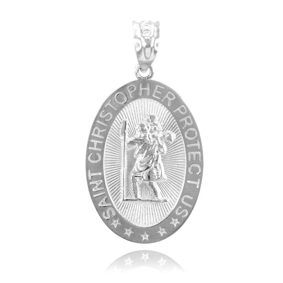 Sterling Silver Saint Christopher Protect Us Oval Medallion Pendant Necklace